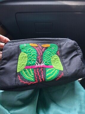 Weightless Embroidered Cotton Green Parrot Zip Pouch